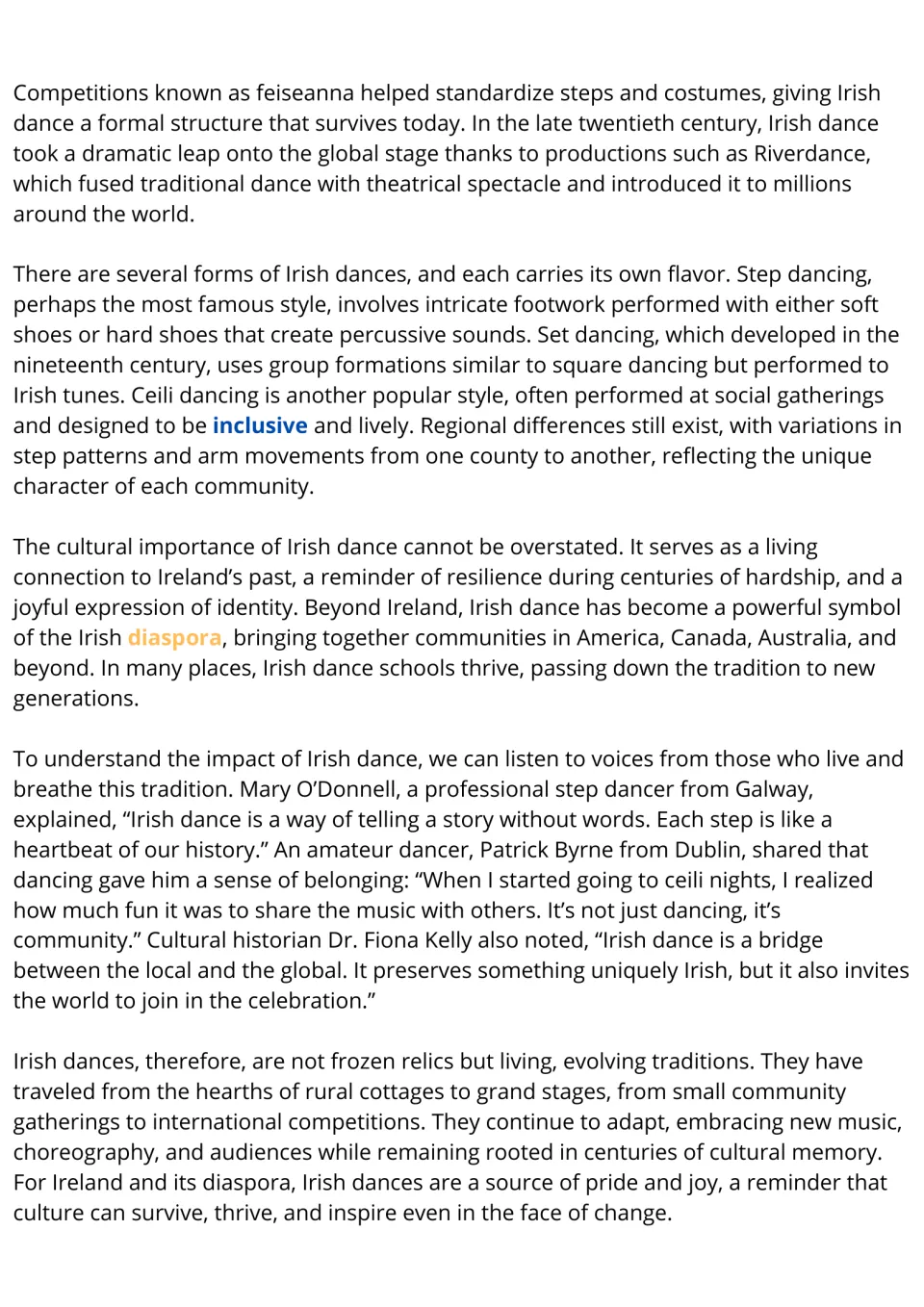 Irish dance reading passage, part 2: competitions, Riverdance, dance styles, diaspora, and dancers' perspectives.
