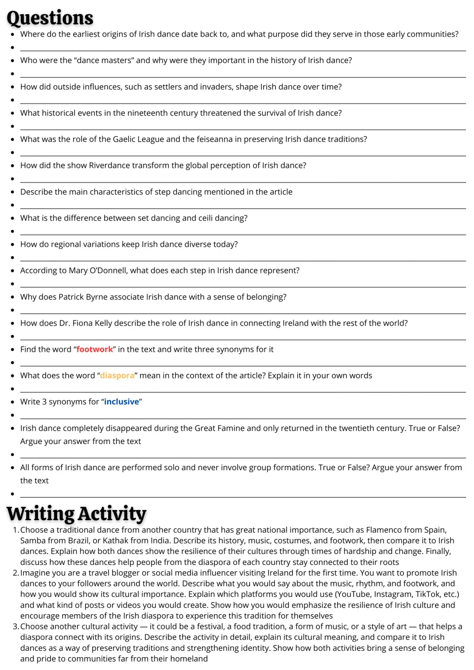 Irish dance follow-up: 17 comprehension and vocabulary questions plus three cultural comparison and writing prompts.