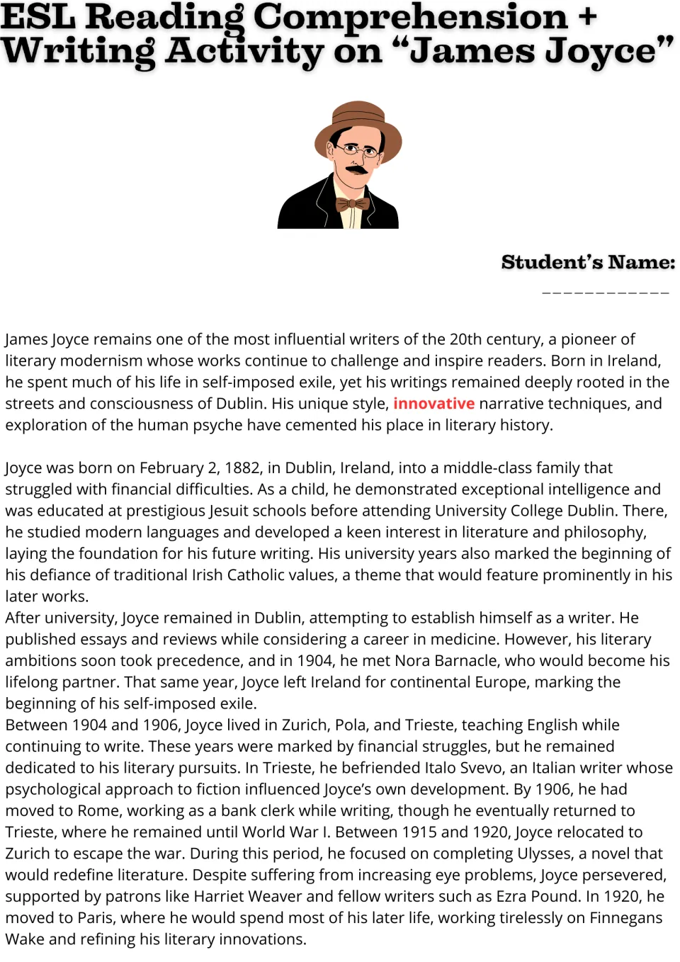 James Joyce reading passage, part 1: early life, education, self-imposed exile, and writing career in Europe.