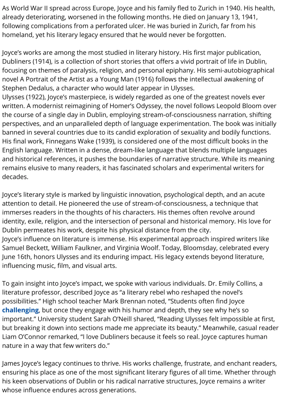 James Joyce reading passage, part 2: major works, stream-of-consciousness writing, themes, and literary legacy.