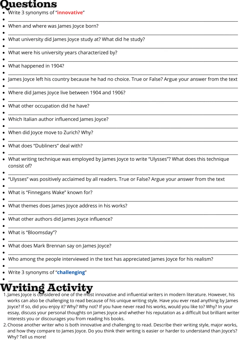 James Joyce follow-up tasks: 20 comprehension and vocabulary questions plus two essay prompts about writers.