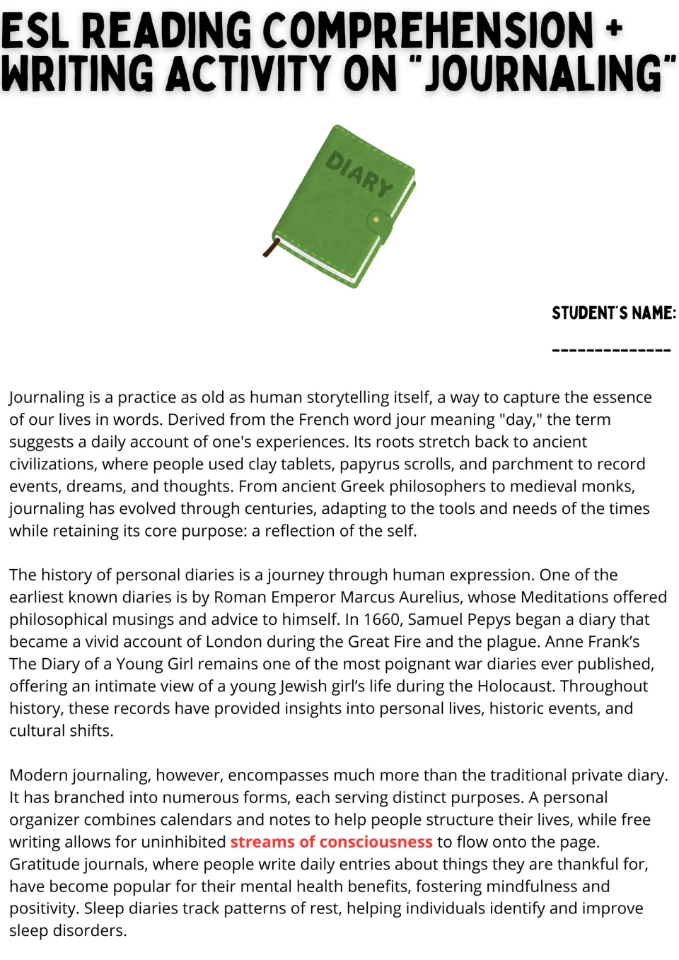Journaling passage, part 1: students read about the word's origin, Marcus Aurelius, Pepys, Anne Frank and diary types