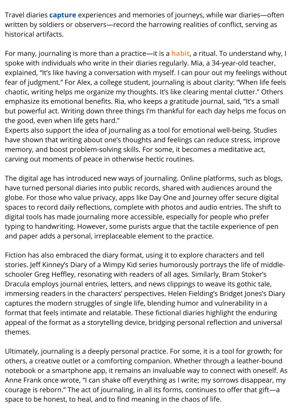 Journaling passage, part 2: students read diary writers' views, digital journaling apps and fictional diaries like Dracula