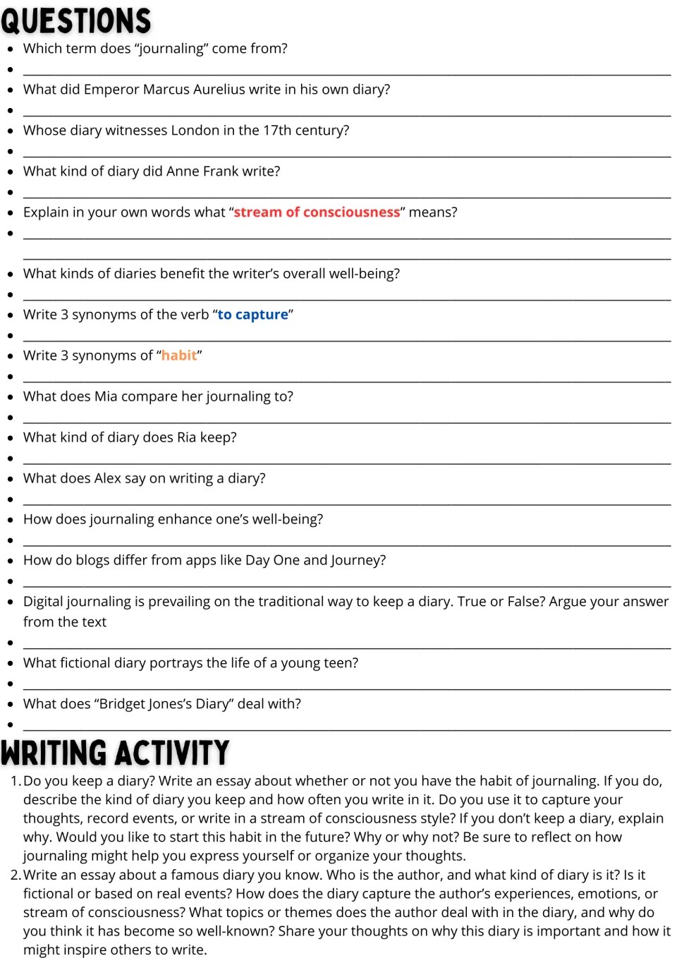 Journaling comprehension: 16 questions including synonyms for capture and habit, then students write one of two essays