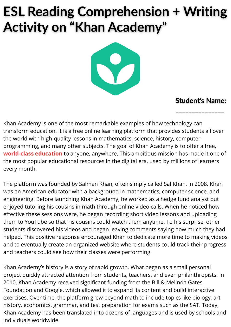 ESL reading passage, part 1: Khan Academy's mission, founder Salman Khan, early videos, funding, and growth.