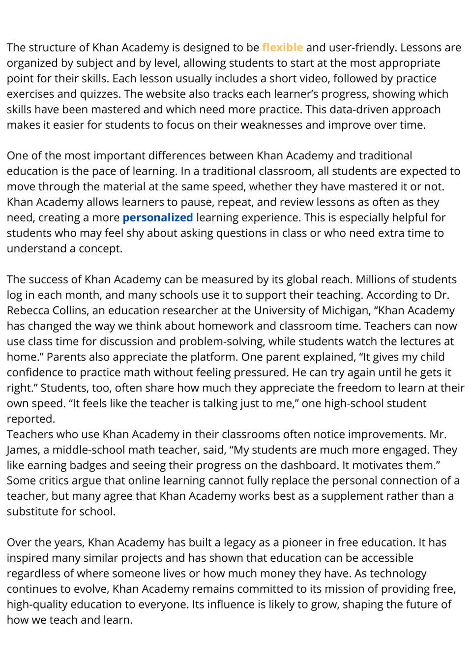 ESL reading passage, part 2: Khan Academy's lesson structure, personalized learning, global reach, and legacy.