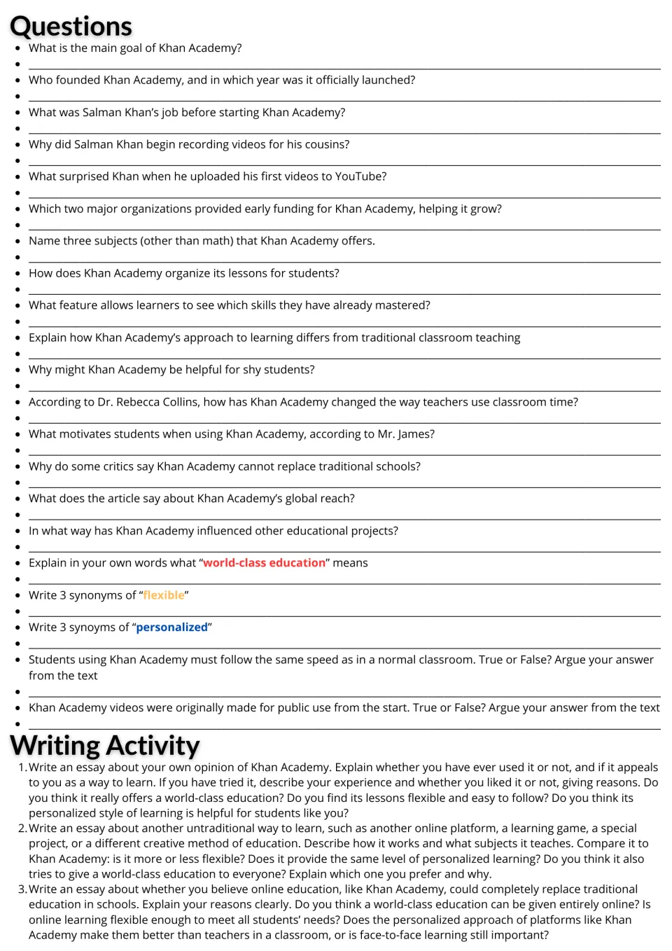 Khan Academy reading follow-up: 21 comprehension and vocabulary questions plus three opinion essay prompts.