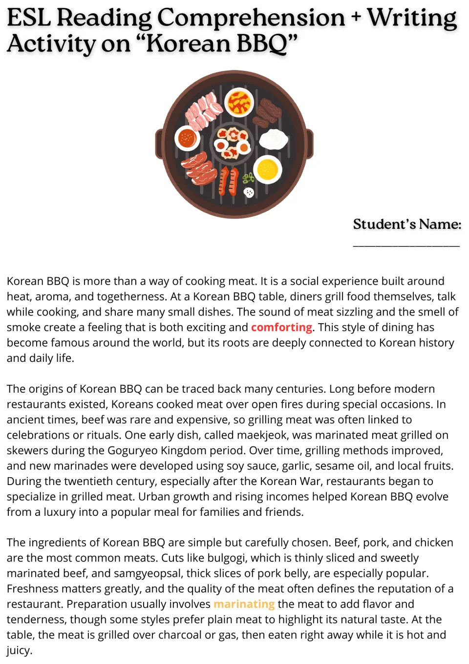 Opening Korean BBQ reading passage: shared dining, history, common meats, marinades, and grilling.