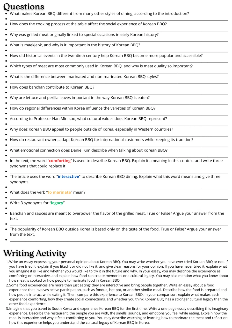 Korean BBQ follow-up activities: 20 comprehension and vocabulary questions plus three essay prompts.