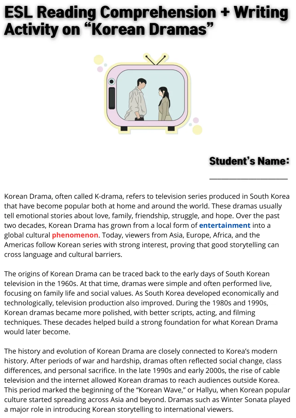 Reading passage opening on Korean drama: its origins in the 1960s, development, and the Korean Wave.