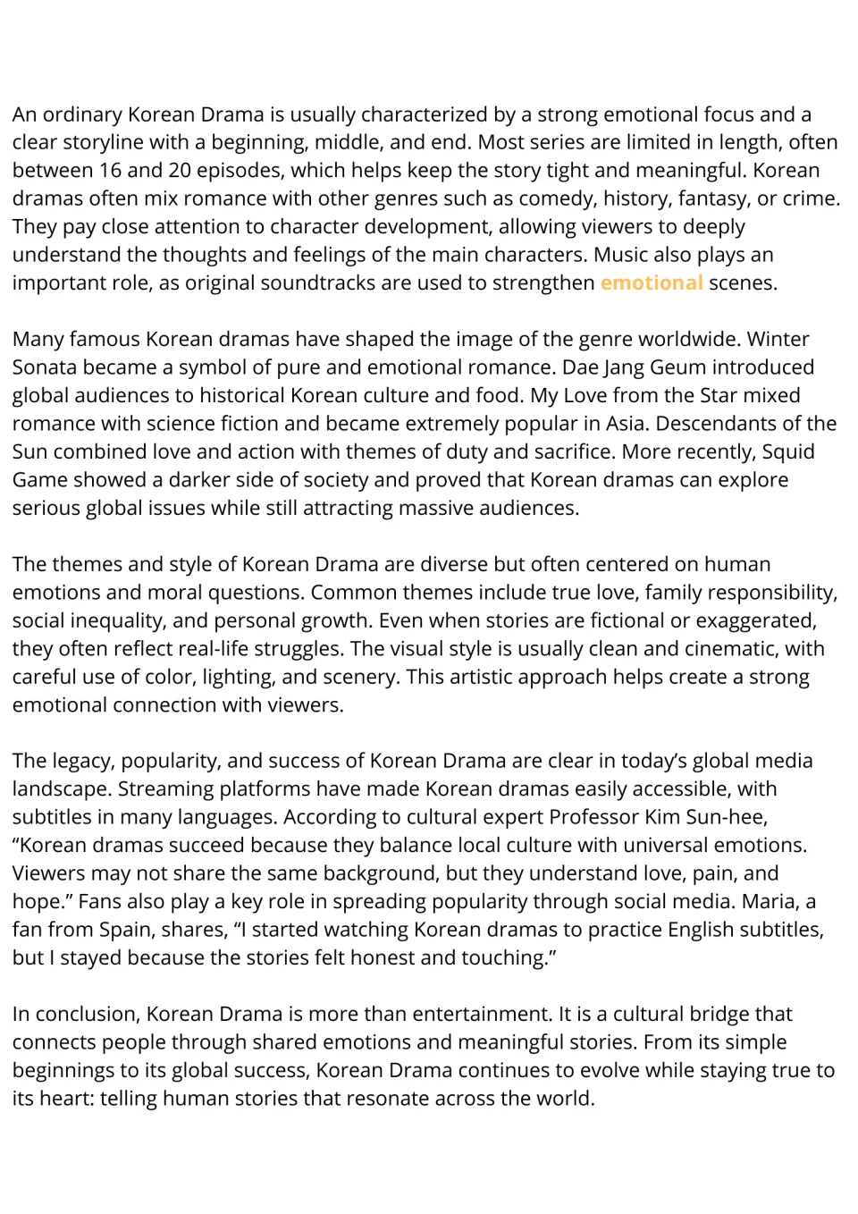 Reading passage continuation on Korean drama: storytelling, famous series, themes, and global popularity.