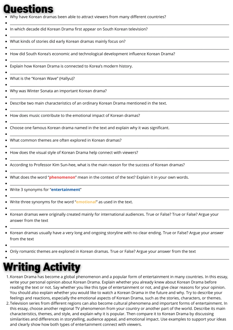 Korean drama follow-up: 19 comprehension and vocabulary questions plus two opinion and comparison essay prompts.
