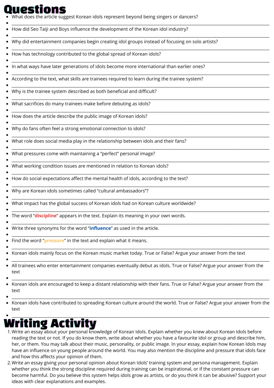 Follow-up activities for the Korean idols passage: 23 questions and two essay prompts on idols and training.