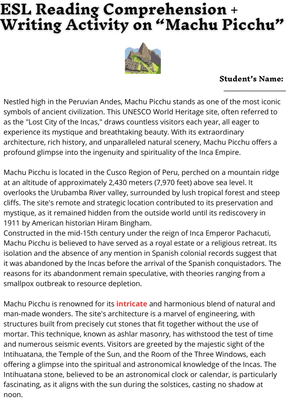Machu Picchu reading passage: students read about its location, rediscovery, Inca builders and stonework