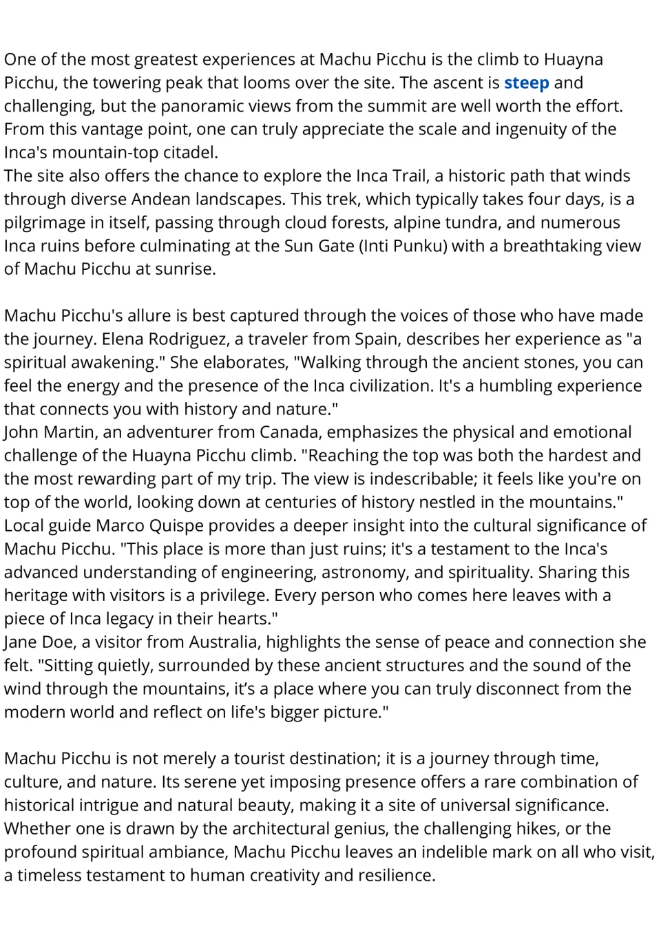 Machu Picchu reading continued: Huayna Picchu climb, Inca Trail and four visitor quotes, with 'steep' highlighted