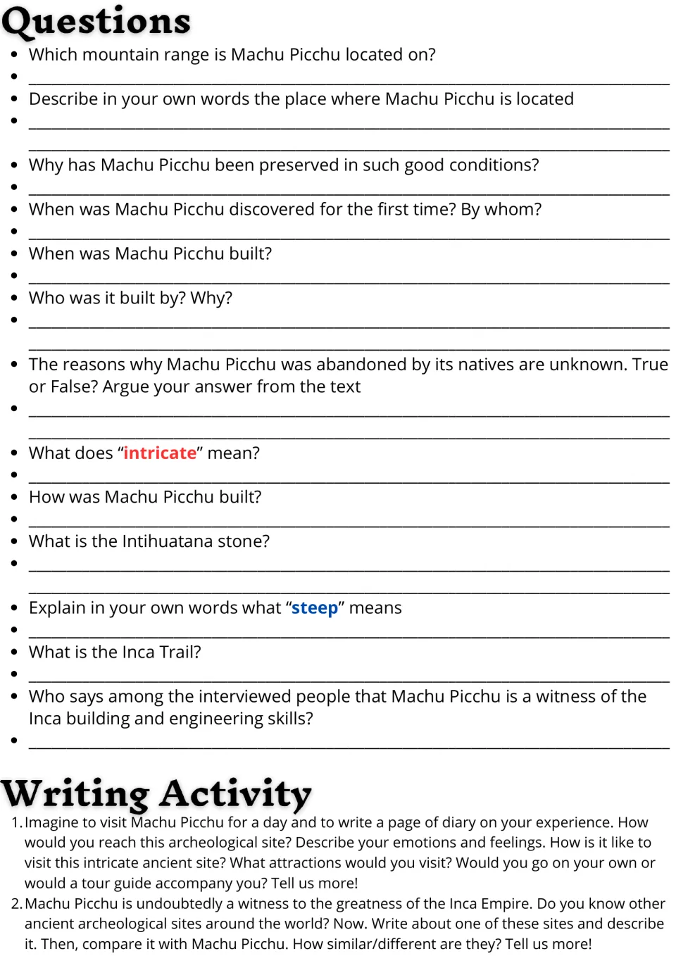 Machu Picchu comprehension questions on location, discovery and vocabulary, plus diary and comparison writing prompts