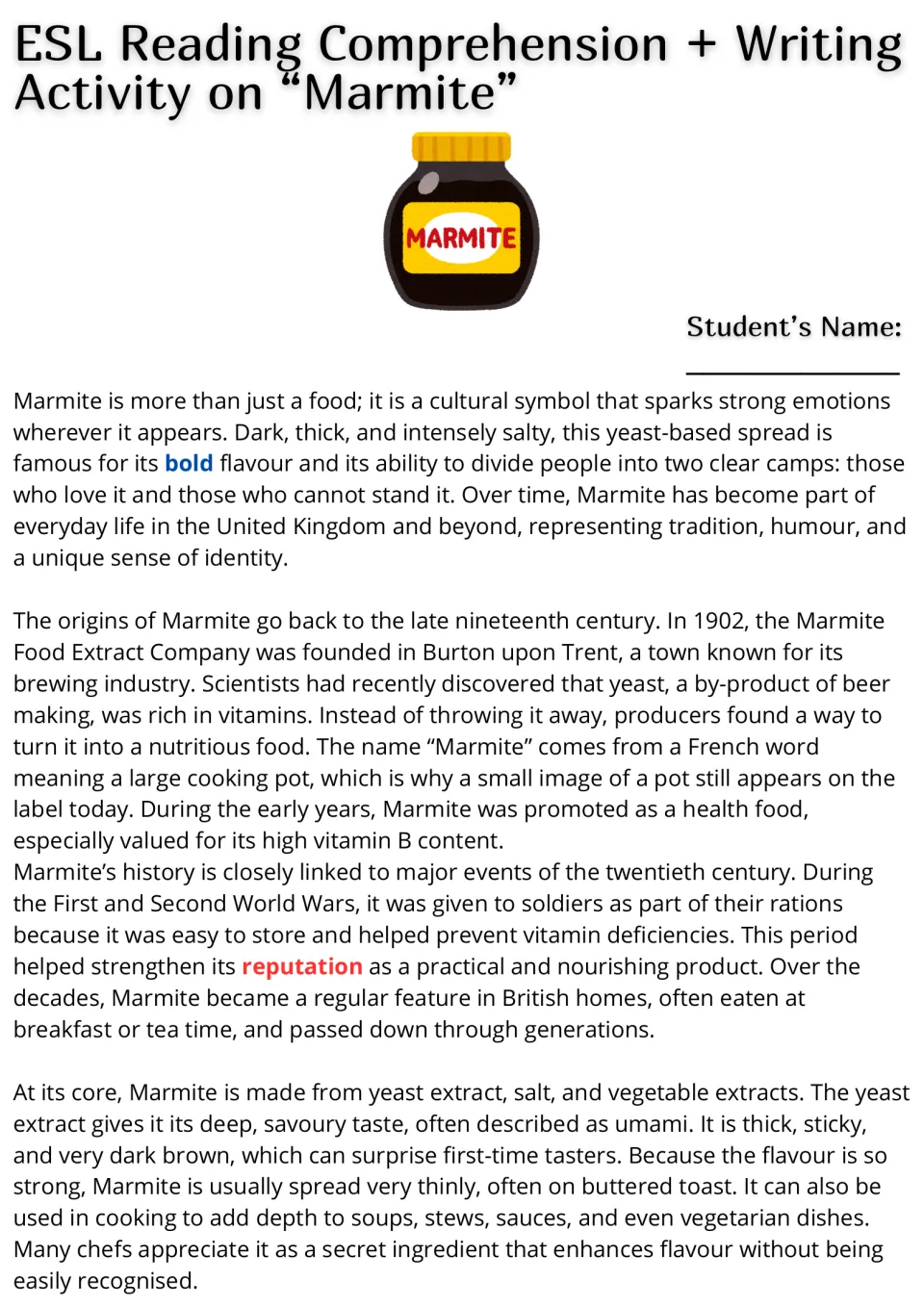 Marmite reading passage, part 1: origins, wartime history, ingredients, flavor, and cooking uses.