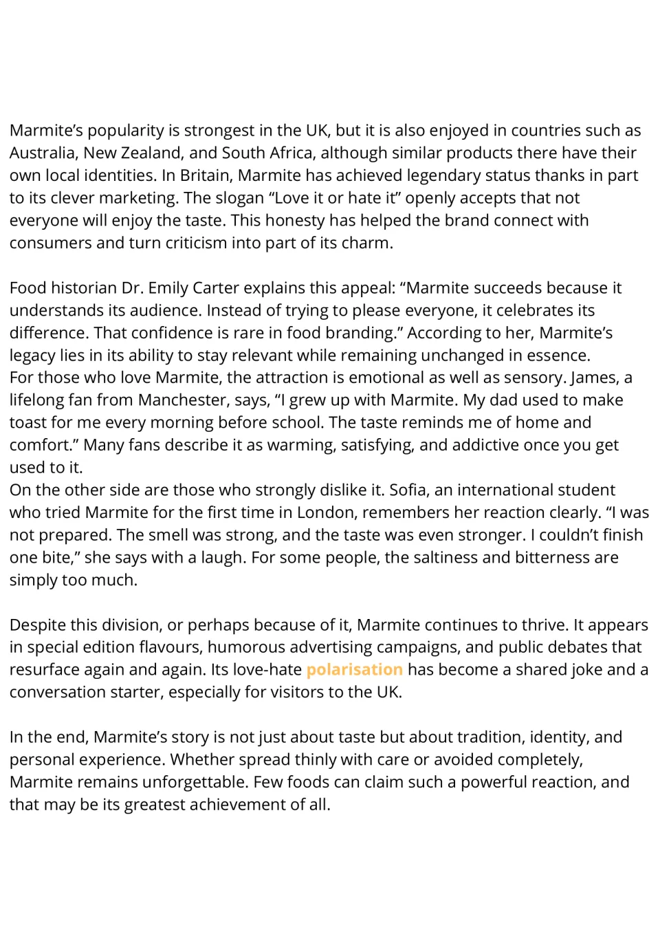 Marmite reading passage, part 2: popularity, advertising, fans' memories, and love-hate reactions.
