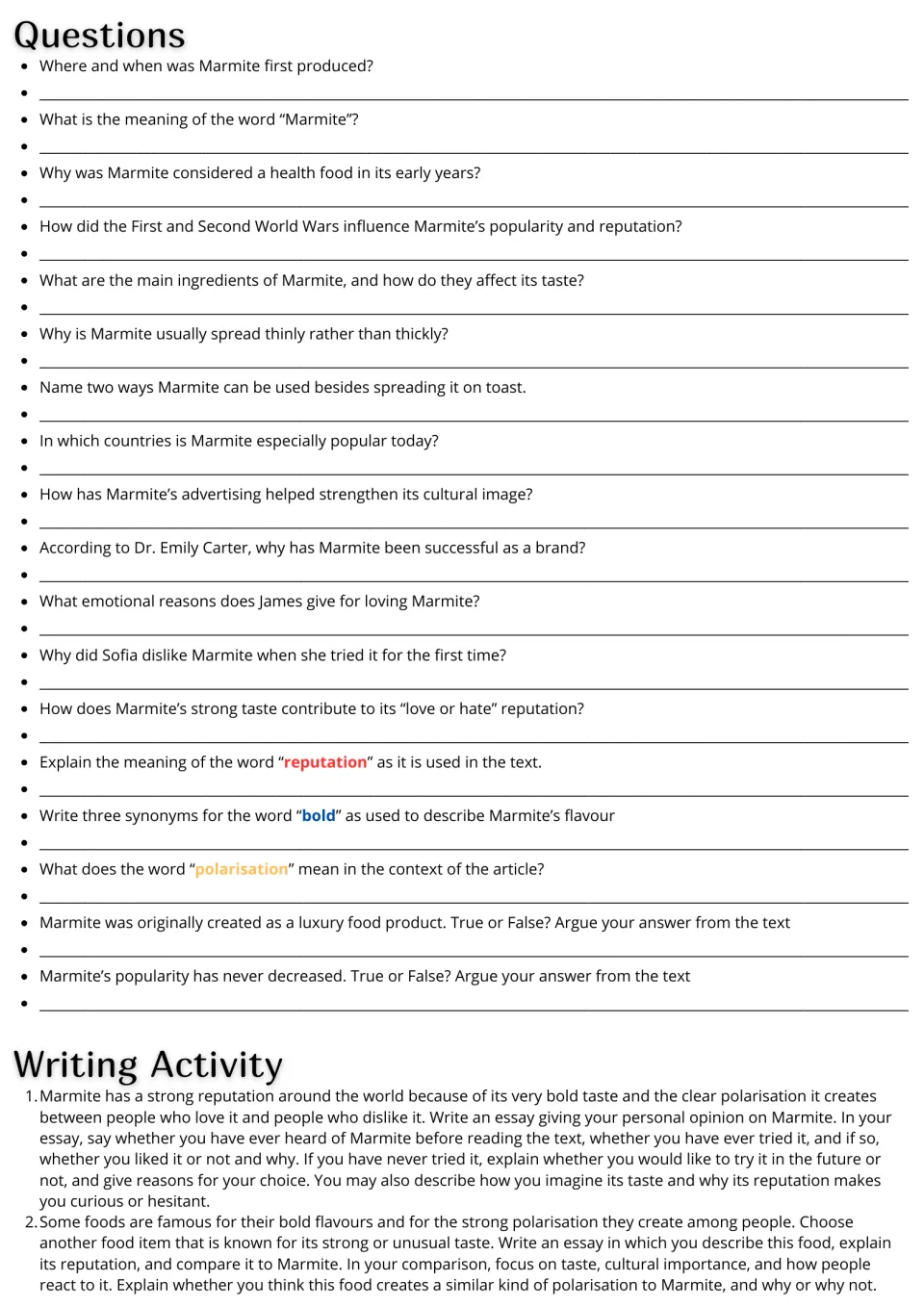 Marmite follow-up: 18 comprehension and vocabulary questions plus two essay prompts about food preferences.