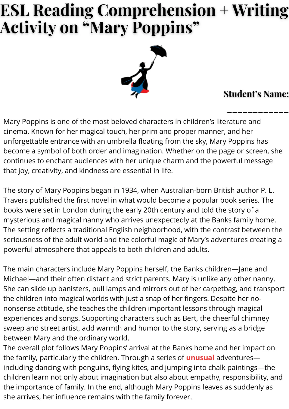 Reading passage opening: Mary Poppins' origins, London setting, Banks family, magical adventures, and plot.