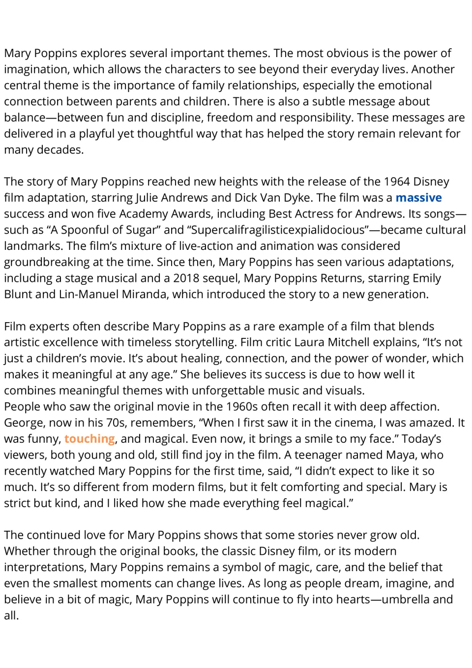 Reading passage continuation: Mary Poppins' themes, film adaptations, songs, audience reactions, and legacy.