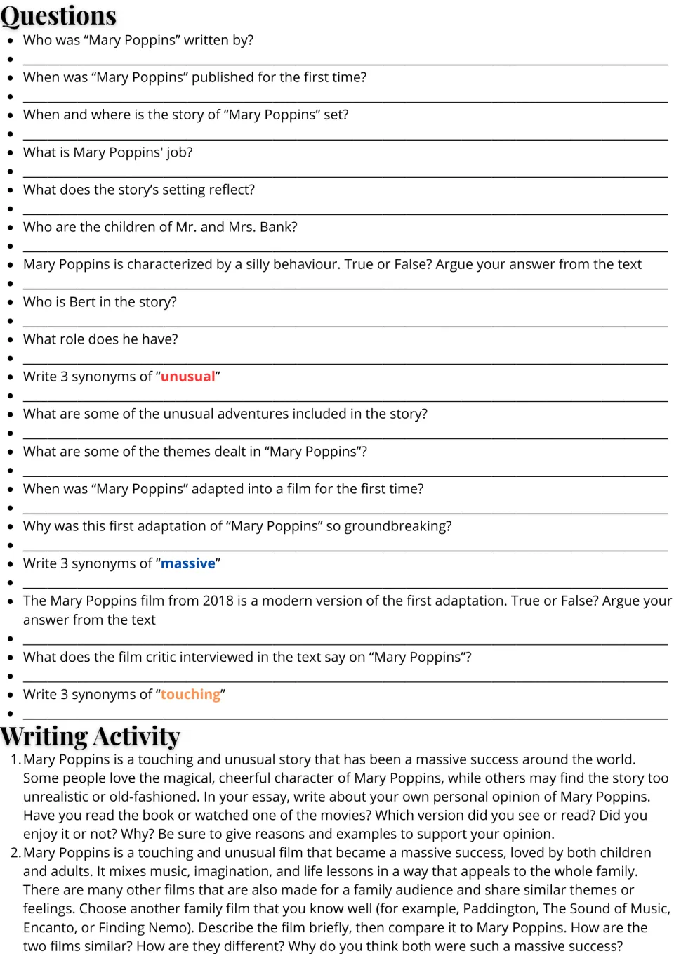 Follow-up activities: 18 comprehension and vocabulary questions plus two essays about Mary Poppins and films.