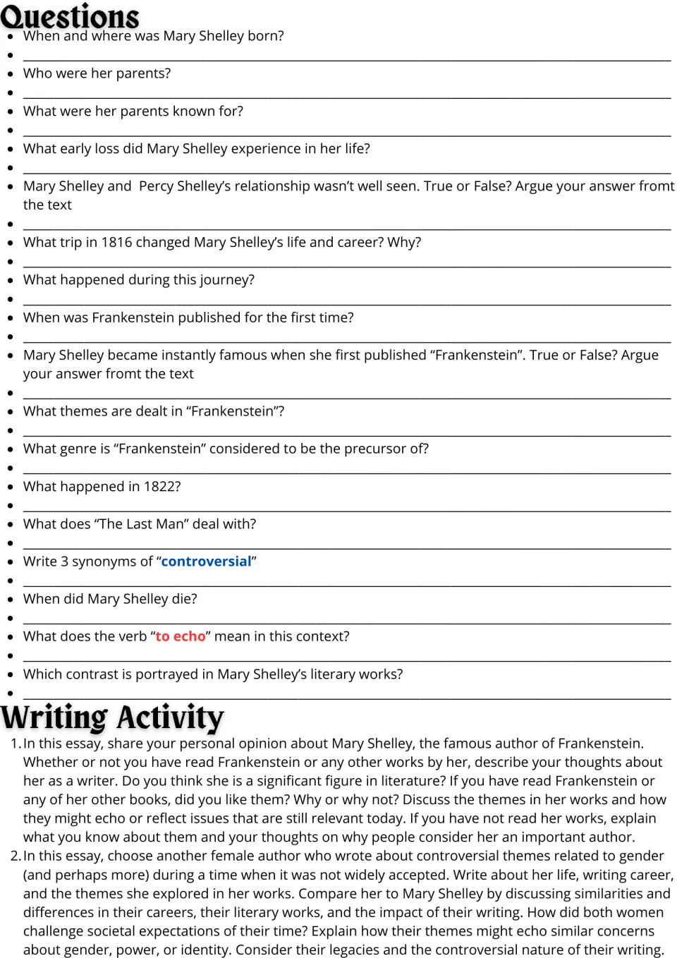 Mary Shelley follow-up: 17 comprehension questions and two essay prompts on her work and another female author