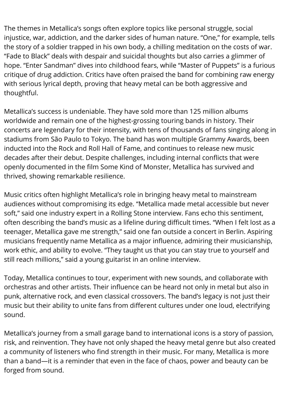 Metallica reading passage, part 2: song themes, 125 million albums sold, critic and fan quotes, and the band's legacy