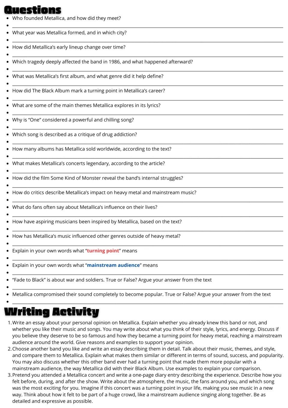 Metallica questions: 20 recall, vocabulary and true-or-false items, then three essay prompts including a concert diary