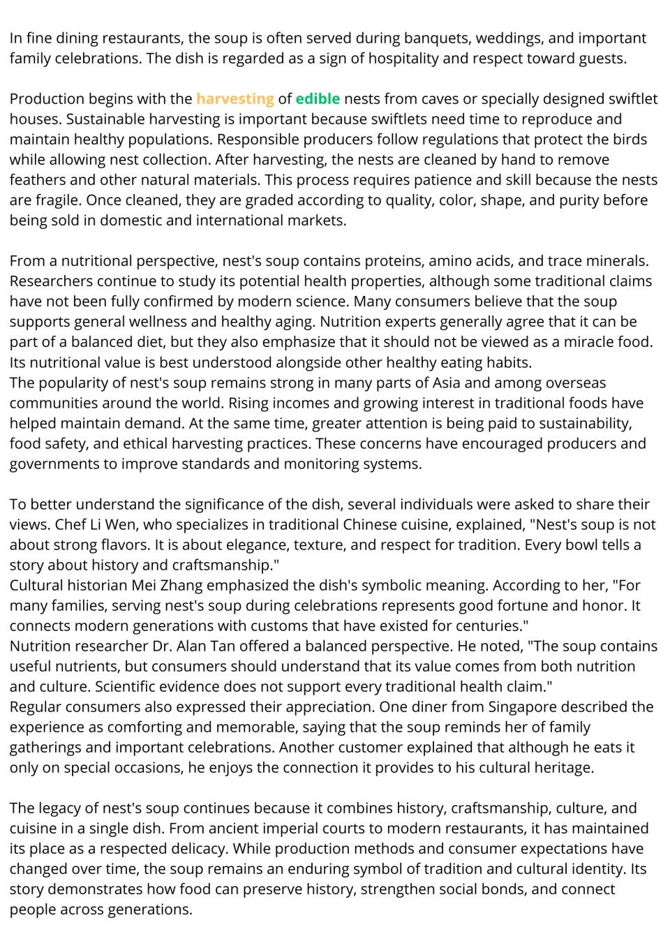 ESL reading passage, part 2: bird's nest soup harvesting, nutrition, cultural meaning, and expert views.