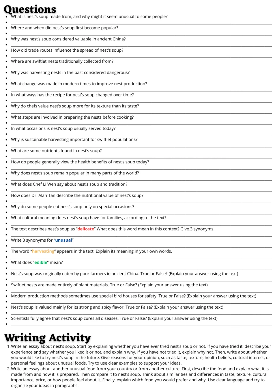 Reading follow-up: 28 questions on bird's nest soup and two essay prompts on personal views and food comparison.