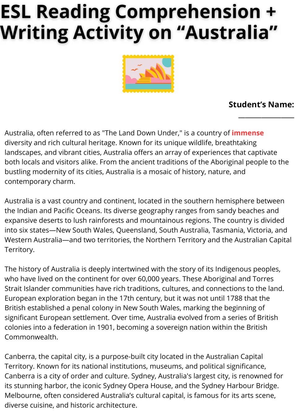 Australia reading passage, part 1: students read about geography, states, Aboriginal history, 1788, 1901 and Canberra