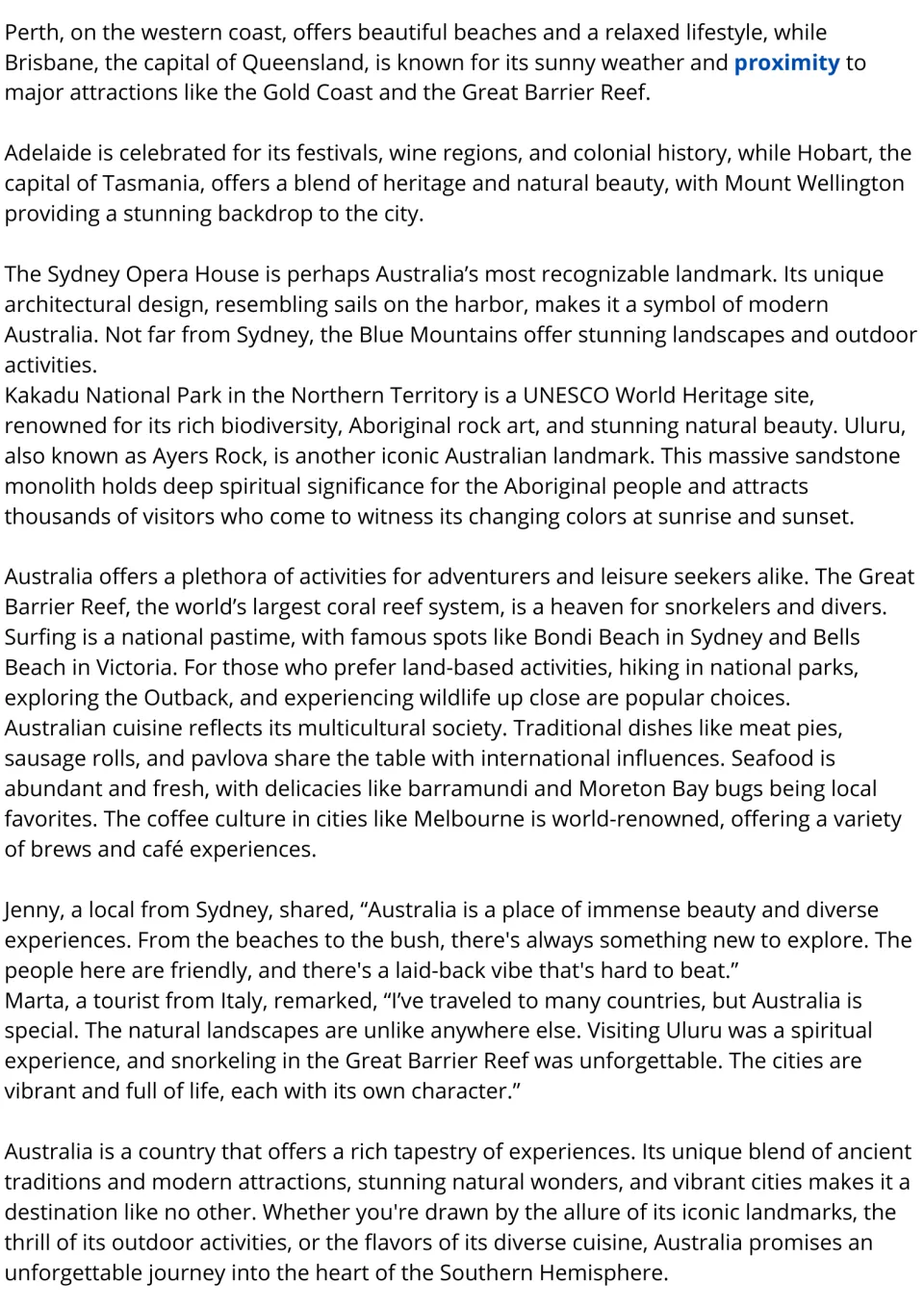 Australia reading passage, part 2: cities, Uluru, Great Barrier Reef, food, plus quotes from Jenny and Marta
