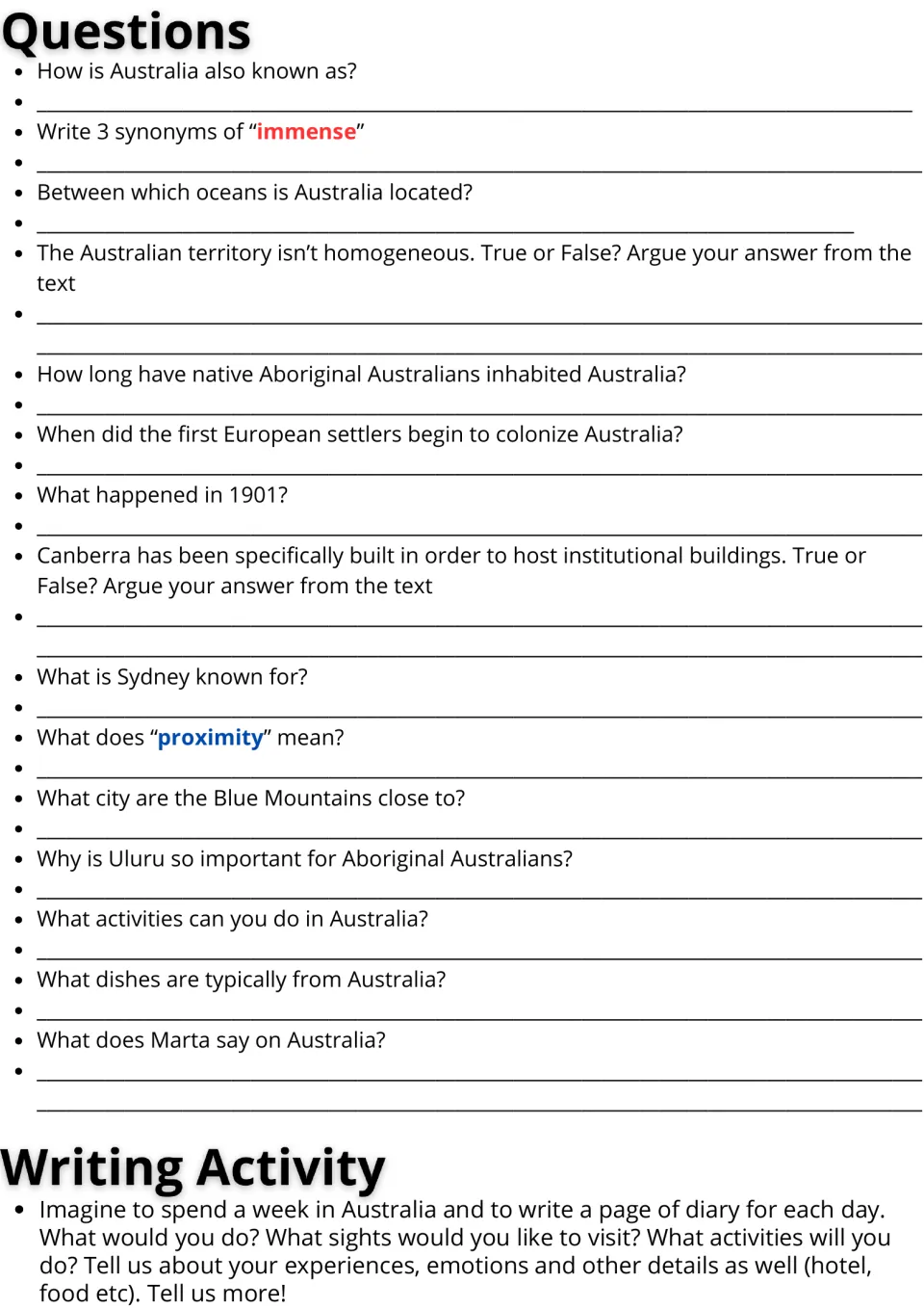 Australia comprehension questions with true/false arguments and vocabulary, then a week-long travel diary writing task