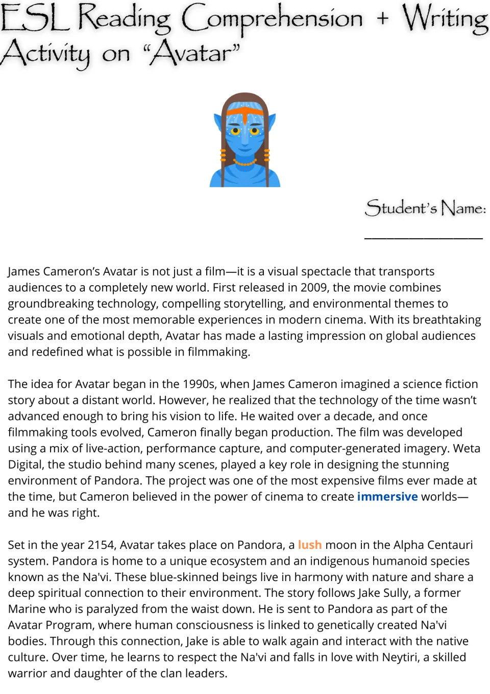 Avatar reading passage, part 1: how James Cameron made the film, and Jake Sully's story among the Na'vi on Pandora