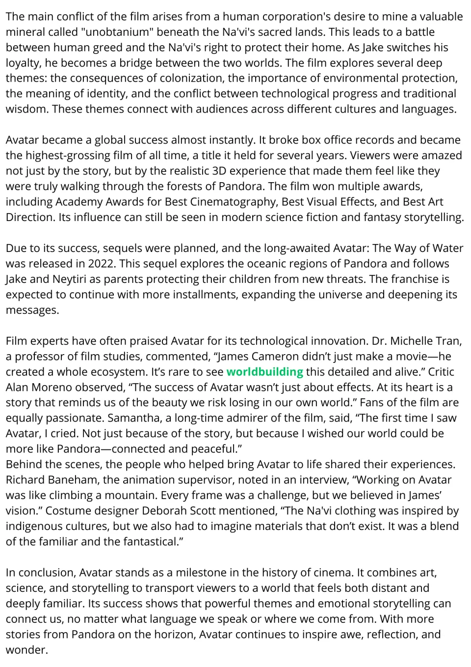 Avatar reading passage, part 2: the unobtanium conflict, the film's themes, its awards, the 2022 sequel and expert quotes