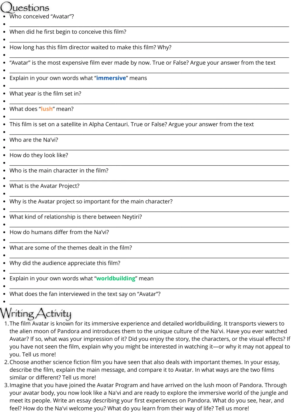 Avatar questions: students answer 19 comprehension and vocabulary items, then pick one of 3 essay prompts to write about