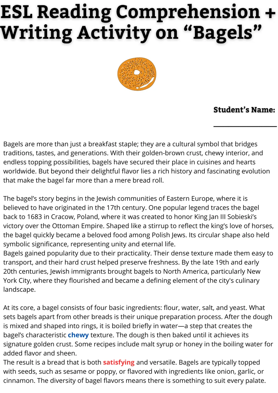 Opening ESL reading passage on bagels: Jewish origins, migration to North America, ingredients, and preparation