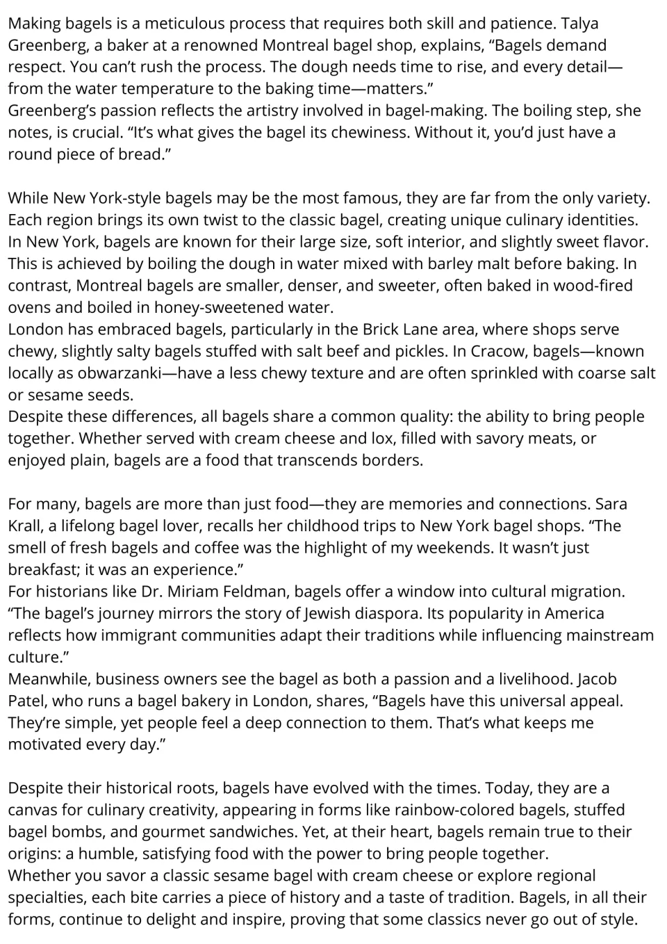 Bagel reading passage continued: baking techniques, regional styles, personal memories, and cultural connections
