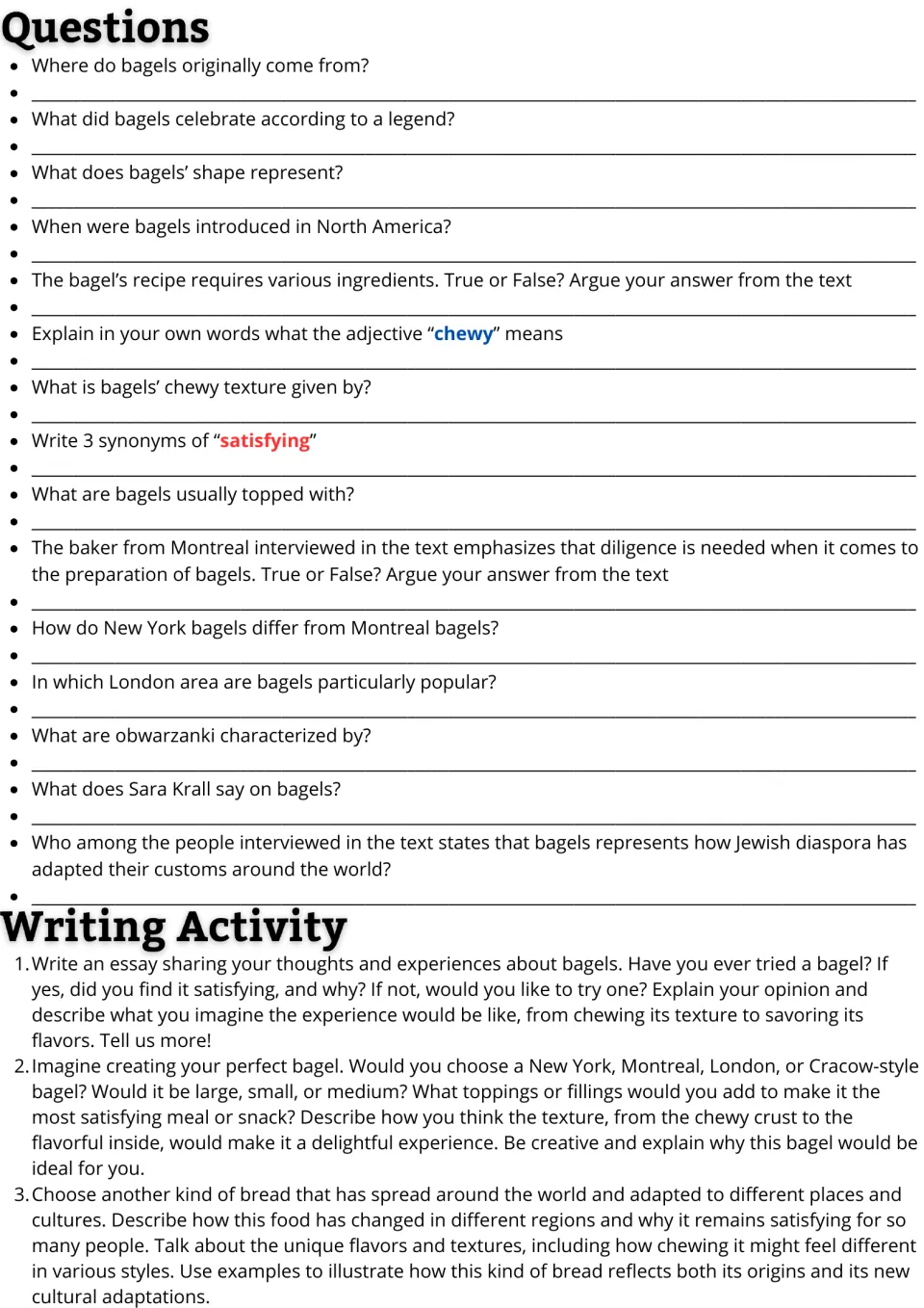 Bagel passage follow-up: 15 comprehension questions and three essay prompts on experiences, recipes, and bread