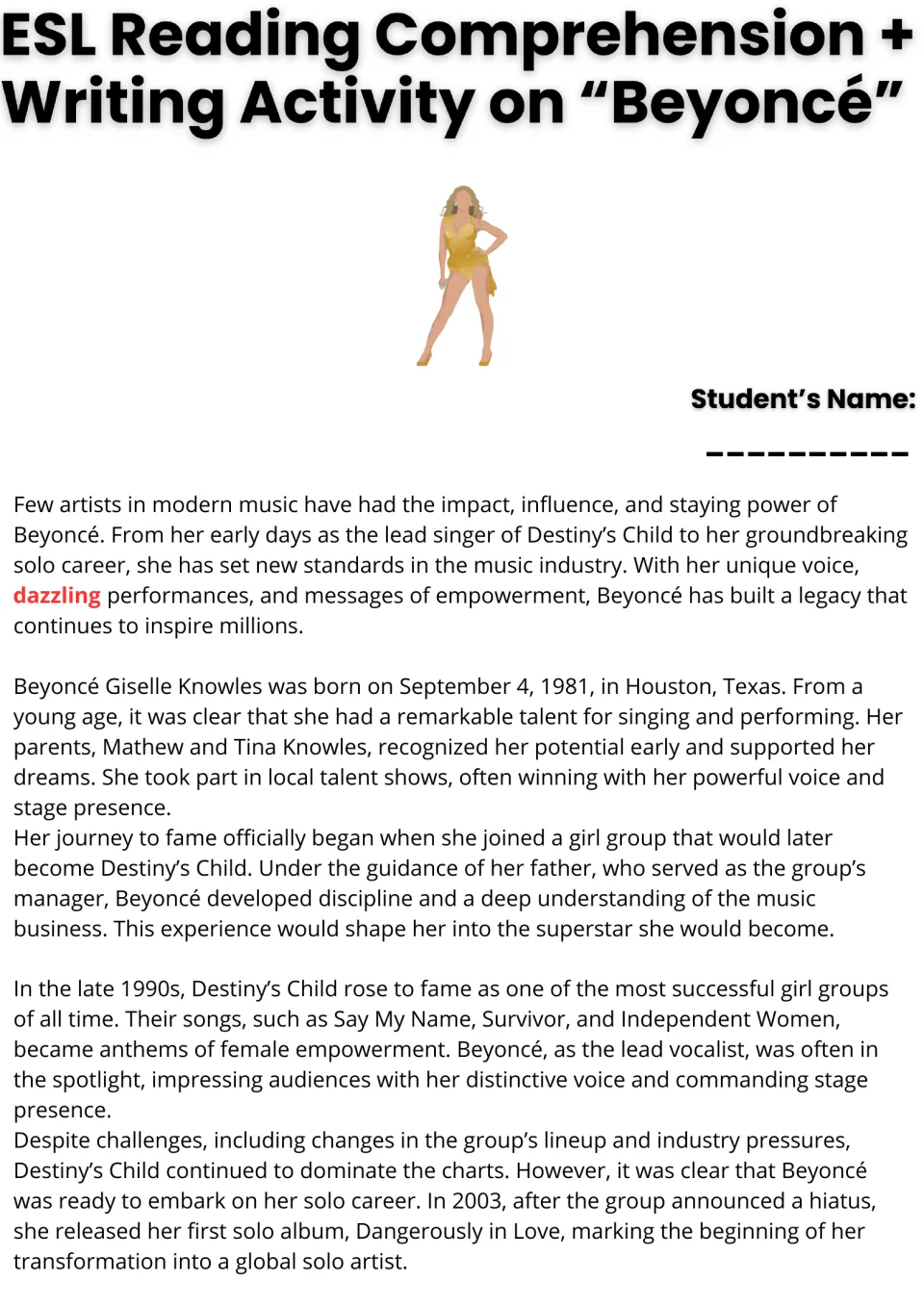 Beyoncé reading passage, part 1: students read about her Houston childhood, Destiny's Child and her 2003 solo debut