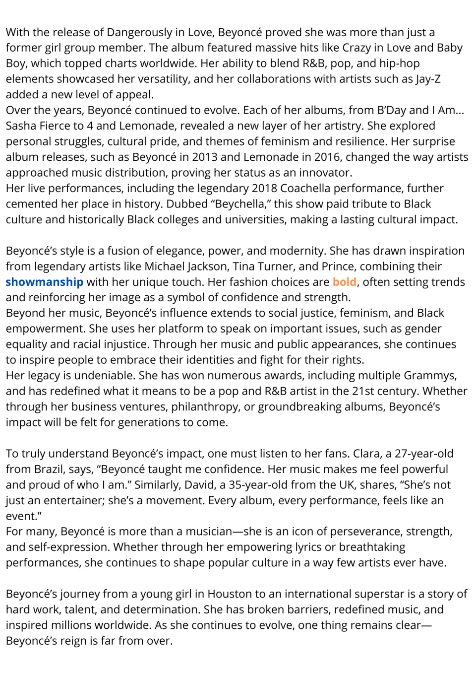 Beyoncé passage, part 2: students read about her solo albums, Beychella, activism and fan quotes from Clara and David
