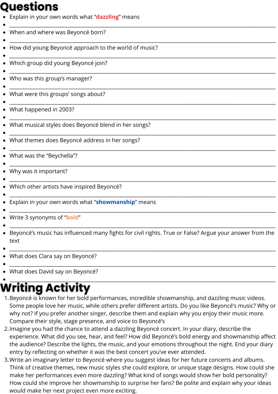 Beyoncé questions: students answer 17 comprehension and vocabulary items, then write an opinion, concert diary or letter