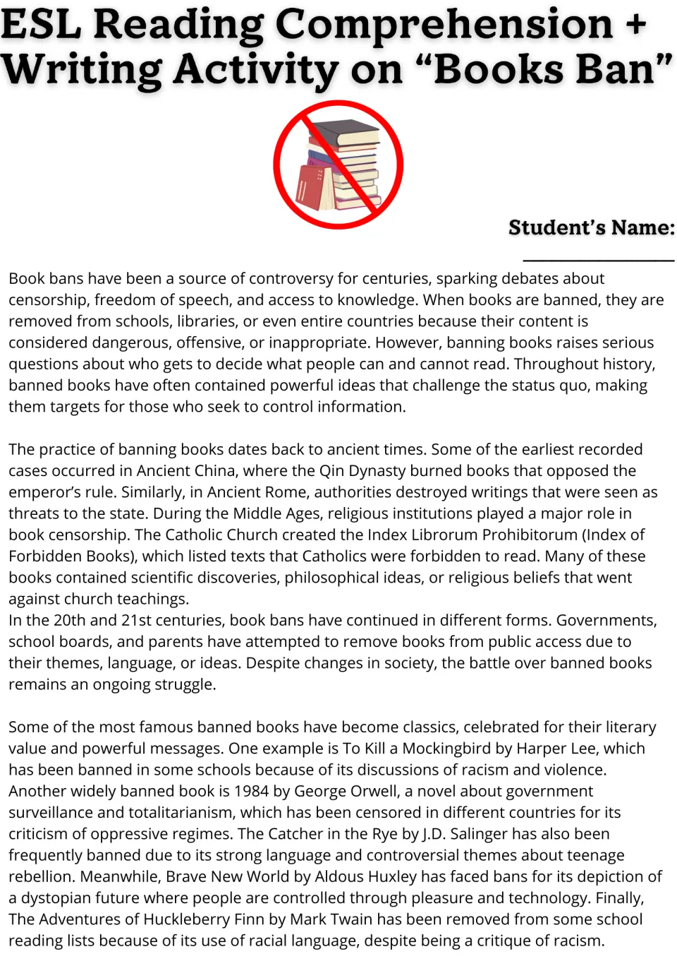Book bans reading passage, part 1: history from Qin China and the Index of Forbidden Books to banned classics like 1984