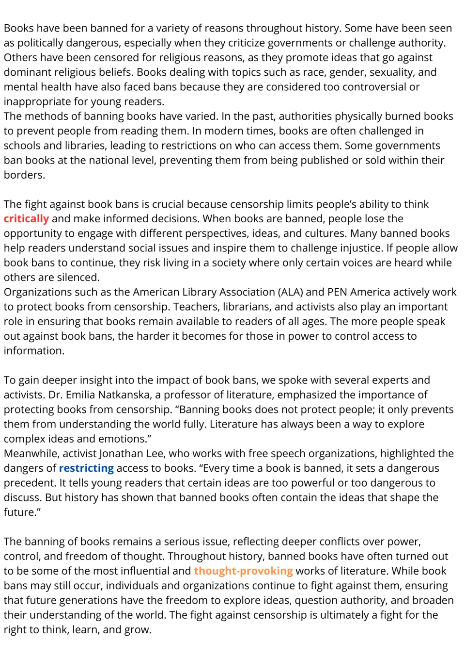 Book bans reading, part 2: students read about reasons for bans, ALA, PEN America and expert quotes on censorship