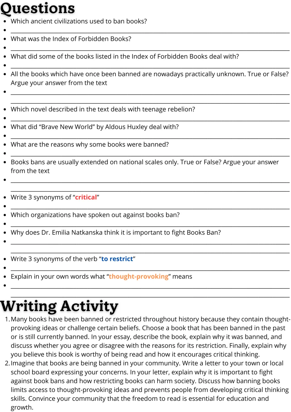 Book bans questions: students answer 13 comprehension, true/false and vocab items, then write an essay or a letter