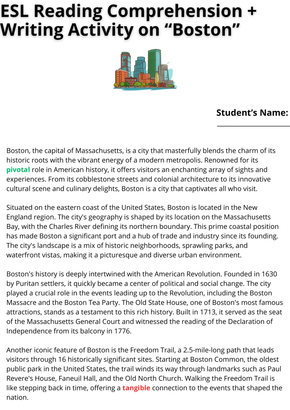 Boston reading passage, part 1: Massachusetts geography, colonial history, the Old State House, and Freedom Trail.