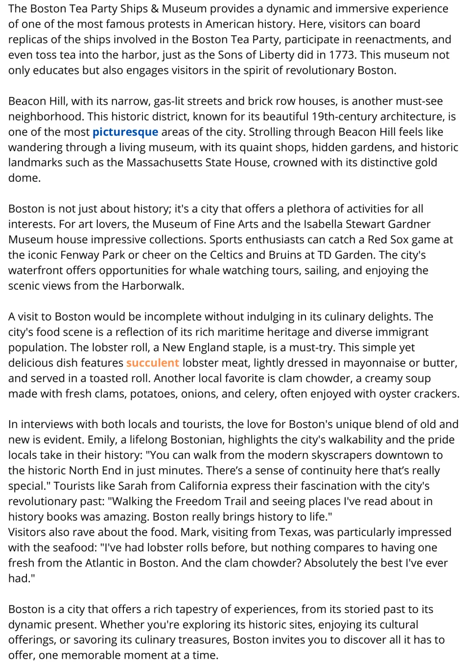 Boston reading passage, part 2: Tea Party museum, Beacon Hill, recreation, local food, and visitor accounts.