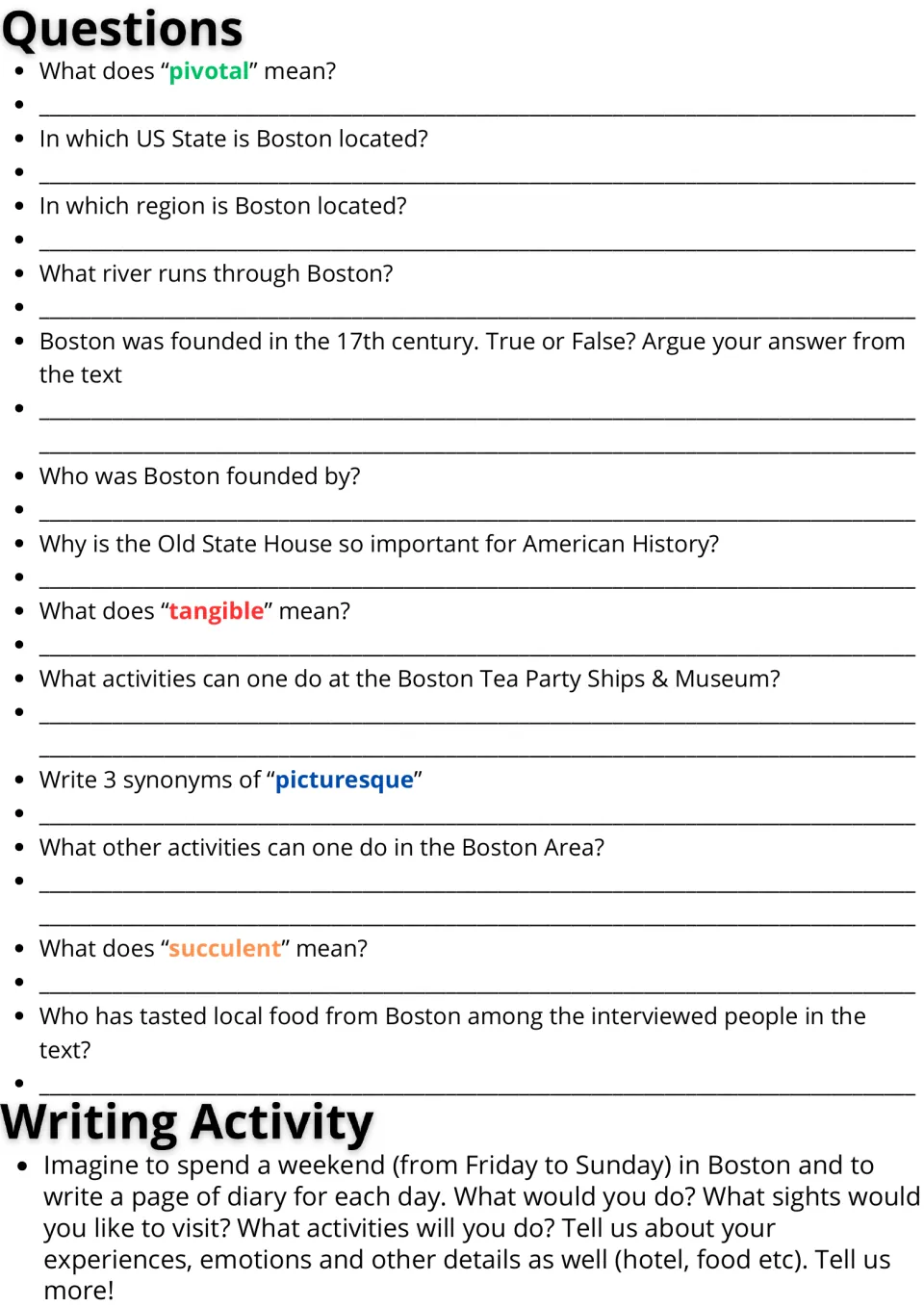 Boston follow-up: 13 comprehension and vocabulary questions and a three-day weekend diary writing prompt.