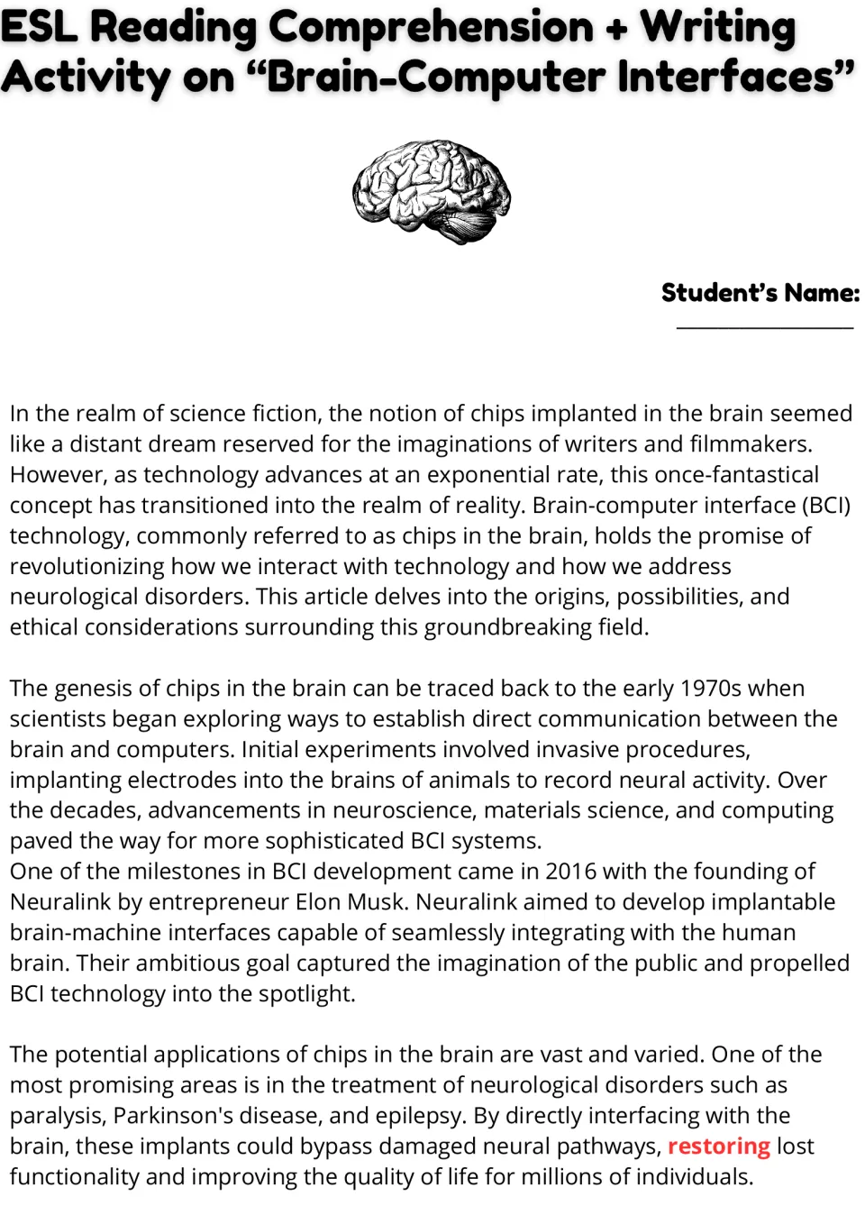 Brain-computer interfaces article, part 1: students read about BCI origins in the 1970s, Neuralink and treating paralysis